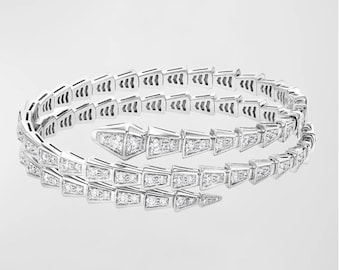 Serpenti Bangle Bracelet, Wedding Bracelet, Party Wear Bracelet, 1.5 Ct Round Diamond, 14K White Gold Plated, Personalized Gift For Her