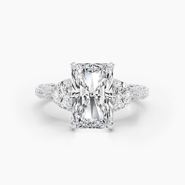 Classy 3 Stone Diamond Ring, 14K White Gold, Unique Wedding Diamond Ring, 2.5 Ct Radiant Cut Diamond Ring, Engagement Ring For Her, Gift's