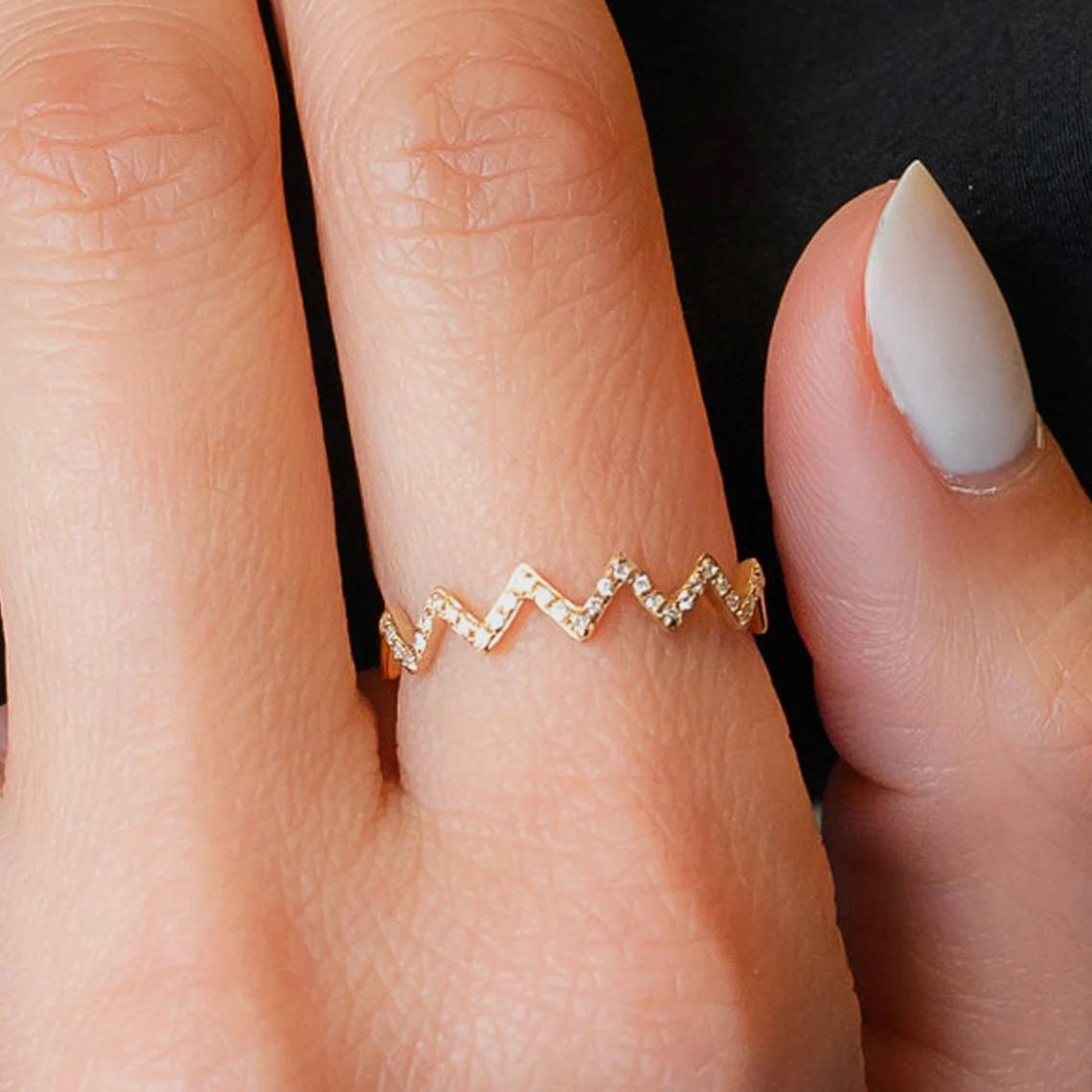 Rose or Yellow Solid Gold Handmade Thin Minimalist Affordable Modern Jewelry in 14k/18k White Unique Diamond ring 0.12 ct Diamond Zigzag Baguette Engagement Ring or Wedding Band for Women 4-14US 
