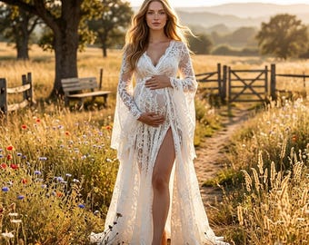 Boho-Umstandskleid, weißes Spitzenkleid für festliche Anlässe, Kleid für Schwangerschaftsfotoshootings, elegantes Umstandskleid für Fotoshootings, Outfit für Babypartys