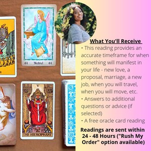 Peut inclure: Plusieurs cartes de tarot avec des illustrations vari&eacute;es, dont un ange, une figure en robe rouge et un jeu avec un dos &agrave; motifs bleus. L'image contient &eacute;galement le texte "What You'll Receive" et "Readings are sent within 24-48 Hours".