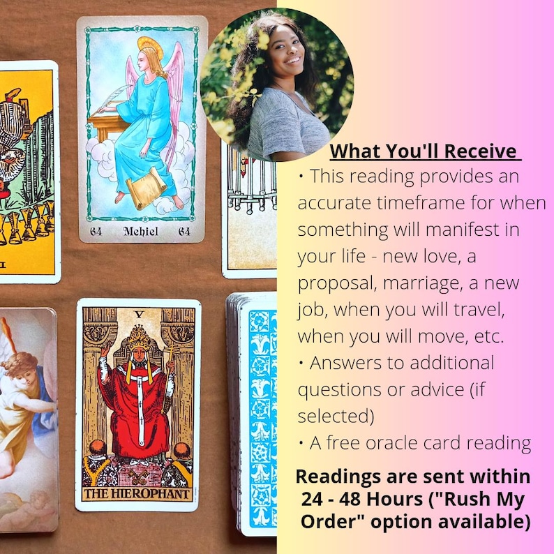 Peut inclure: Plusieurs cartes de tarot avec des illustrations vari&eacute;es, dont un ange, une figure en robe rouge et un jeu avec un dos &agrave; motifs bleus. L'image contient &eacute;galement le texte "What You'll Receive" et "Readings are sent within 24-48 Hours".
