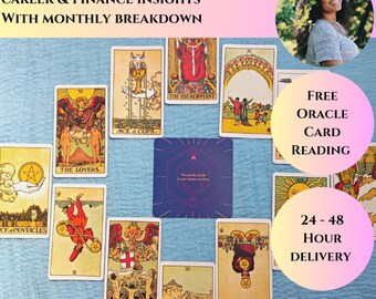 May include: A tarot card reading layout with various cards, including "The Lovers" and "Judgment." The image includes text: "Year Ahead Reading - General, Love, Career & Finance Insights With Monthly Breakdown." Additional text: "Free Oracle Card Reading" and "24-48 Hour Delivery."
