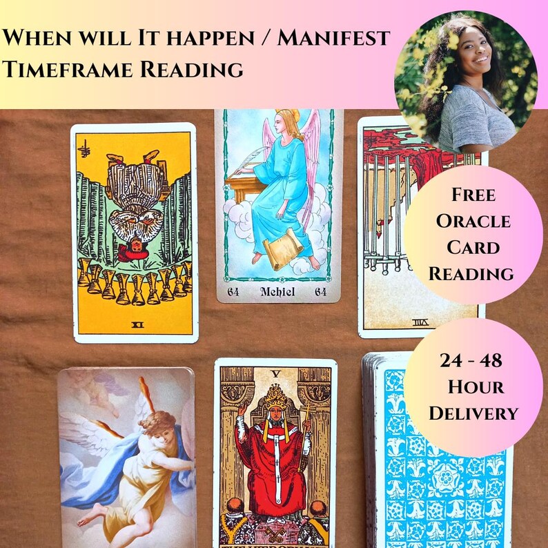 Peut inclure: Plusieurs cartes de tarot avec diverses illustrations et symboles. Les cartes pr&eacute;sentent des images d'anges, de personnages en robes et d'autres images mystiques. Le texte sur l'image comprend "When Will It Happen / Manifest Timeframe Reading."