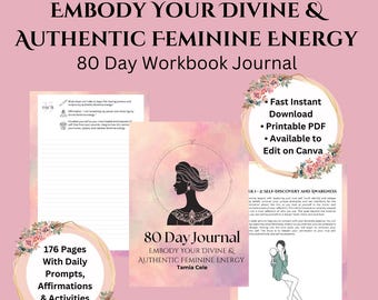 Feminine Energy Journal 80 Days, Daily Journal Prompts Shadow Work Self Love, Printable Workbook Divine Feminine Glow Up, PDF Download