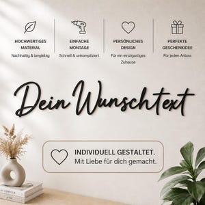 Könnte beinhalten: Ein schwarzer Wand-Schriftzug mit dem kursiven Text "Dein Wunschtext". Über dem Text befinden sich vier Symbole mit deutschen Beschriftungen, und darunter ein rechteckiger Rahmen mit einem Herz-Symbol und dem Text "INDIVIDUELL GESTALTET. Mit Liebe für dich gemacht."