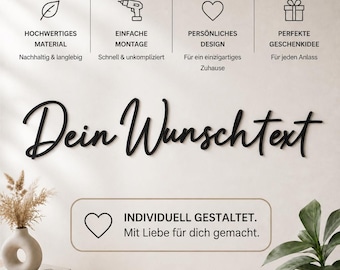 May include: A black wall-mounted sign with the cursive text "Dein Wunschtext" displayed prominently. Above the text are four icons with German labels, and below is a rectangular box containing a heart icon and the text "INDIVIDUELL GESTALTET. Mit Liebe für dich gemacht."