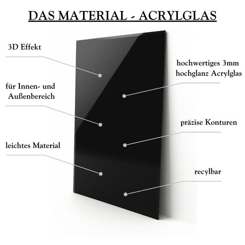 May include: A black acrylic sheet with the text "DAS MATERIAL - ACRYLGLAS" at the top. The sheet is 3mm thick and has a high gloss finish. It is lightweight and recyclable. The text "3D Effekt", "f&uuml;r Innen- und Au&szlig;enbereich", "leichtes Material", "hochwertiges 3mm hochglanz Acrylglas", "pr&auml;zise Konturen", and "recylbar" are written around the sheet.