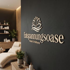 Könnte beinhalten: Ein Holzschild an einer dunklen Wand zeigt die Worte "Entspannungssoase Beauty & Wellness" in einer stilisierten Schrift, mit einem Lotusblüten- und Wellen-Design darüber. Das Schild befindet sich in einem Spa-Ambiente mit einer Liege und Pflanzen.
