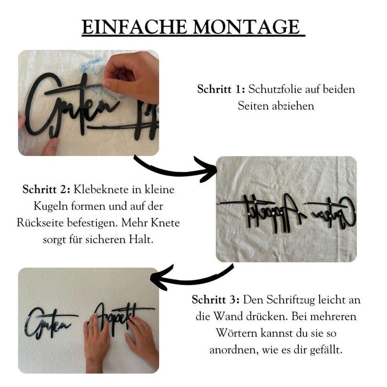 May include: Instructions for mounting a black metal wall decor with the words "Guten Appetit" in German. The instructions show how to remove the protective film, form small balls of adhesive putty, and attach the decor to the wall.