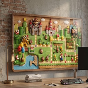 May include: A framed 3D relief artwork of a Super Mario Bros. level. The piece showcases characters, castles, and landscapes from the game, set against a green and brown background. The frame is made of wood.