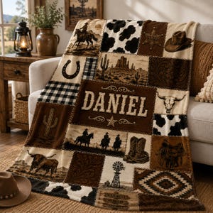 Western Cowboy Blanket, Custom Ranch Cowhide Patchwork Throw, Rustic Farmhouse Rodeo Gift for Boys Men, Western Name Blanket