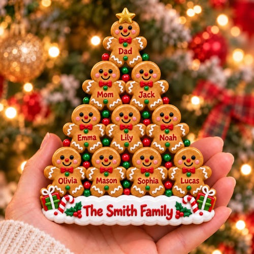 Kerstboom van peperkoekfamilie, verhoogd 3D-ornament aan één zijde met gepersonaliseerde namen.