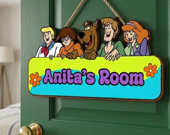 Letrero personalizado con el nombre de Mystery Dog, decoración personalizada para la habitación de detectives de dibujos animados para niños, arte de pared con temática de Mystery Machine, Scooby