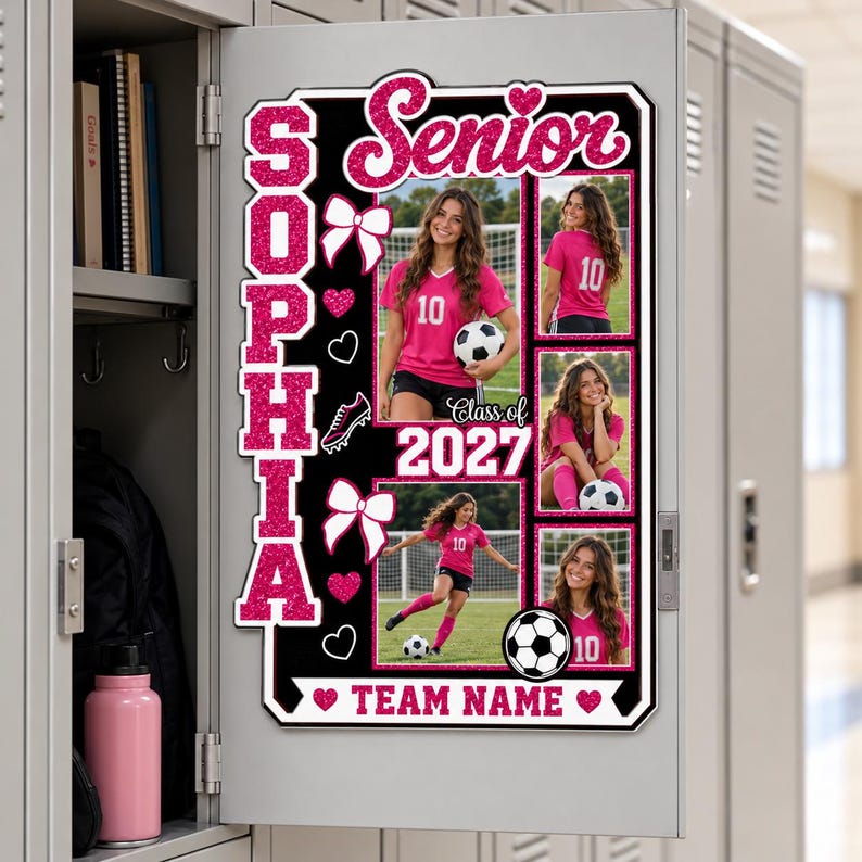 Graduation Pattern Background Pink Soccer Senior Sign, Custom Player Photo Collage Plaque, Soccer Team ...