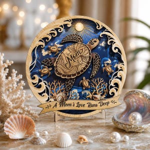 May include: Wooden, layered art piece featuring a sea turtle with the word "Mom" engraved on its shell. The design includes smaller turtles, coral, and the text "A Mom's Love Runs Deep." The artwork is set against a blue background.