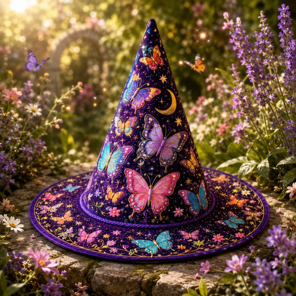 Vlinderheksenhoed – Kleurrijke hemelse vlinder-tovenaarshoed, glinsterende bloemen Halloweenkostuumhoed