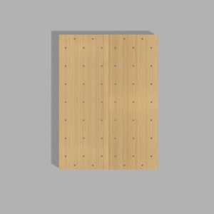 May include: A light brown pegboard with evenly spaced holes. The pegboard is made of wood and has a natural finish.