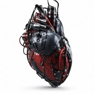 May include: A mechanical heart sculpture featuring a complex assembly of dark gray and metallic red panels, interconnected by numerous black cables, tubes, and cylindrical components, creating a detailed industrial aesthetic.