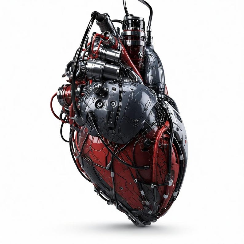 May include: A mechanical heart sculpture featuring a complex assembly of dark gray and metallic red panels, interconnected by numerous black cables, tubes, and cylindrical components, creating a detailed industrial aesthetic.