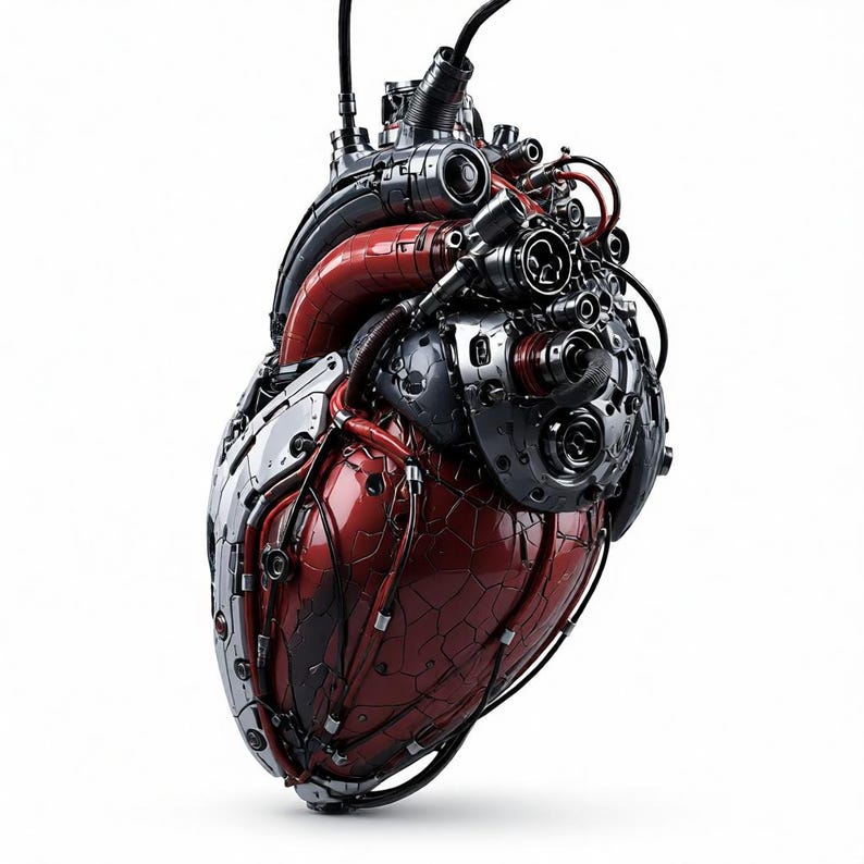 May include: A mechanical heart sculpture featuring a glossy red surface with a dark cracked pattern, integrated with metallic silver and dark grey industrial components, pipes, and wires extending from the top against a plain white background.