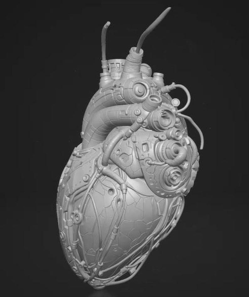May include: A light gray anatomical heart sculpture featuring intricate mechanical details, including various pipes, tubes, wires, and circular ports integrated into the surface, creating a complex, industrial, and cybernetic appearance.