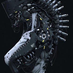 Puede incluir: Una compleja escultura mecánica con un chasis negro mate, cableado intrincado, pistones metálicos y detalles amarillos. La estructura integra texturas orgánicas blancas similares a la tela y muestra el texto "EDNIGMA" en la parte superior.
