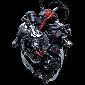 May include: A mechanical heart sculpture featuring a complex assembly of black, white, and red components. The central core displays a glowing white light effect, surrounded by intricate tubing, metallic plates, and a small red heart icon.