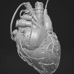 May include: A light gray, three-dimensional anatomical heart sculpture featuring intricate mechanical details, including various pipes, tubes, and segmented panels covering the surface, presented against a solid dark background.