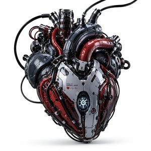 Può includere: Una scultura di cuore meccanico caratterizzata da un complesso assemblaggio di componenti in argento metallizzato e rosso intenso, tubature intricate e cavi neri. La piastra centrale argentata mostra un'icona a forma di cuore rosso con ECG.