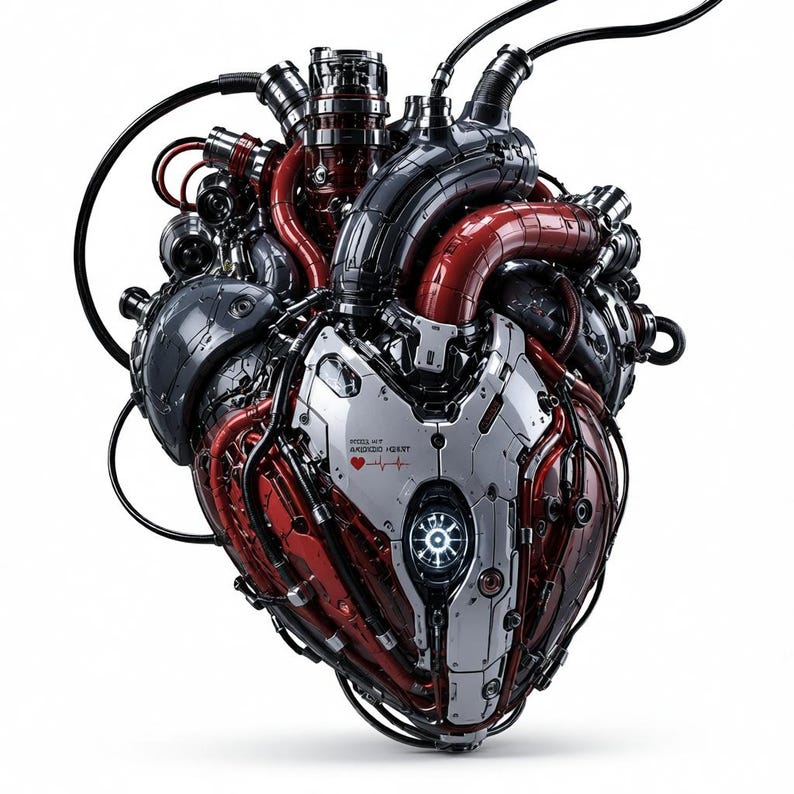 May include: A mechanical heart sculpture featuring a complex assembly of metallic silver and deep red components, intricate piping, and black cables. The central silver plate displays a small red heart icon with an EKG line and text.