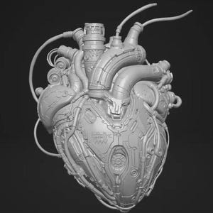 May include: A light gray, three-dimensional sculpture of a mechanical heart. The object features intricate industrial details, including various pipes, cables, and circular components integrated into the anatomical structure of the heart.