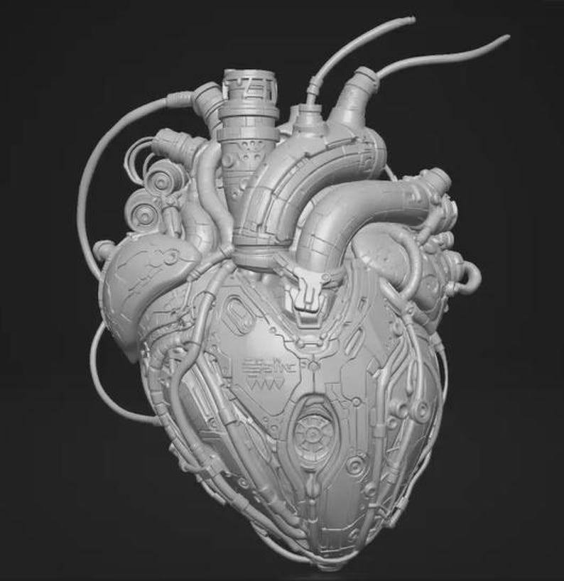 May include: A light gray, three-dimensional sculpture of a mechanical heart. The object features intricate industrial details, including various pipes, cables, and circular components integrated into the anatomical structure of the heart.