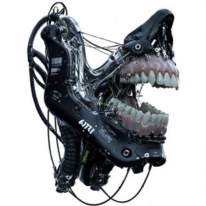 Könnte beinhalten: Eine mechanische Skulptur mit einem schwarzen Gehäuse, freiliegenden Kabeln und transparenten Kunststoffteilen. Die Struktur zeigt ein realistisches Gebiss in einer geöffneten Kieferkonfiguration. Das schwarze Gehäuse trägt den weißen Schriftzug ISTICA.