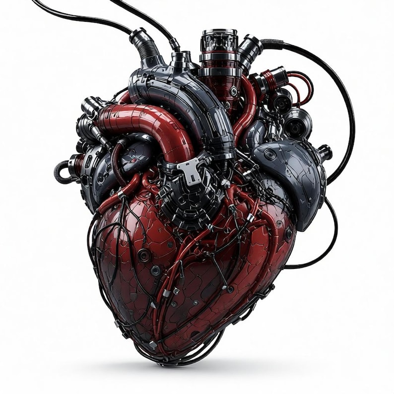 May include: A mechanical heart sculpture featuring a complex assembly of dark red and metallic grey components. The structure includes interconnected tubes, wires, and segmented plates that mimic the anatomy of a human heart with industrial parts.