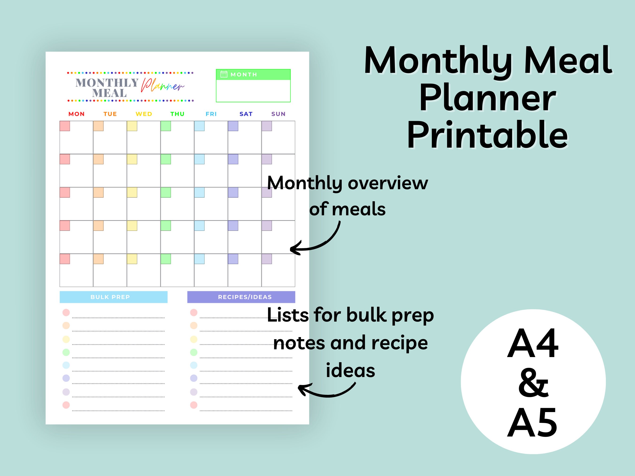 Printable Monthly Meal Planner // Undated Planner, Digital Planner ...