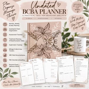 May include: An undated BCBA planner with a dusty rose cover featuring a dark brown floral line art design. The set includes internal page layouts for monthly, weekly, and daily planning, client overview, and FBA checklists with text details.