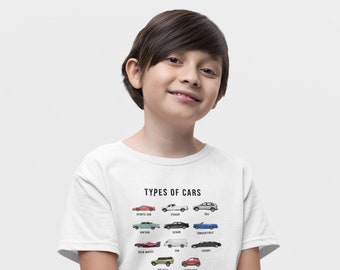 Types of Cars Kids T-Shirt | Vehicle Identification Learning Tee, Engineering Gift for Boys & Girls, STEM Homeschool Shirt