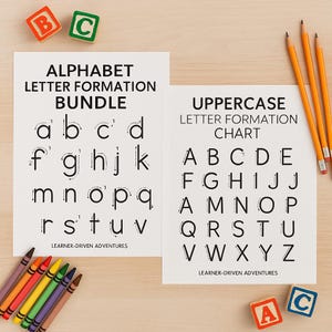 May include: Two white letter formation charts displaying lowercase and uppercase alphabets, with crayons, pencils, and alphabet blocks. The charts feature the text "ALPHABET LETTER FORMATION BUNDLE" and "UPPERCASE LETTER FORMATION CHART".