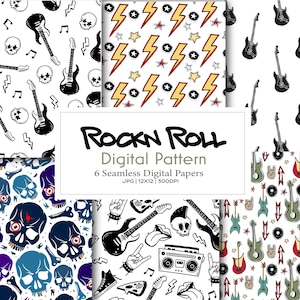 Rock & Roll Digital Paper Patterns music punk wallpaper, Scrapbook printable Graphics