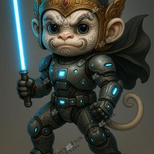May include: A digital illustration of a monkey warrior in futuristic armor, holding a glowing blue lightsaber. The monkey wears a gold helmet and a black cape. The image has the text "Digital Download".