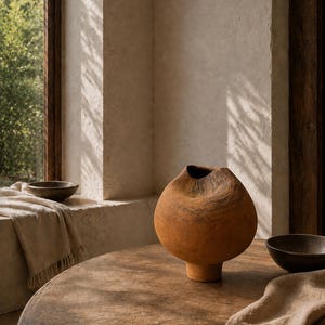 Könnte beinhalten: Eine runde, terrakottafarbene Keramikvase mit einer texturierten, matten Oberfläche und einer schmalen, eingedrückten Öffnung an der Oberseite. Die Vase hat einen bauchigen Körper, der sich zu einem kleinen, zylindrischen Fuß hin verjüngt.