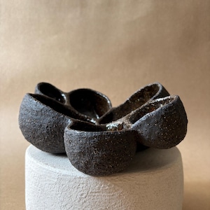 Può includere: Un piatto in ceramica marrone scuro a più scomparti, caratterizzato da un esterno ruvido e testurizzato e da un interno lucido e riflettente. Il recipiente presenta quattro sezioni distinte a forma di ciotola arrotondata unite insieme.