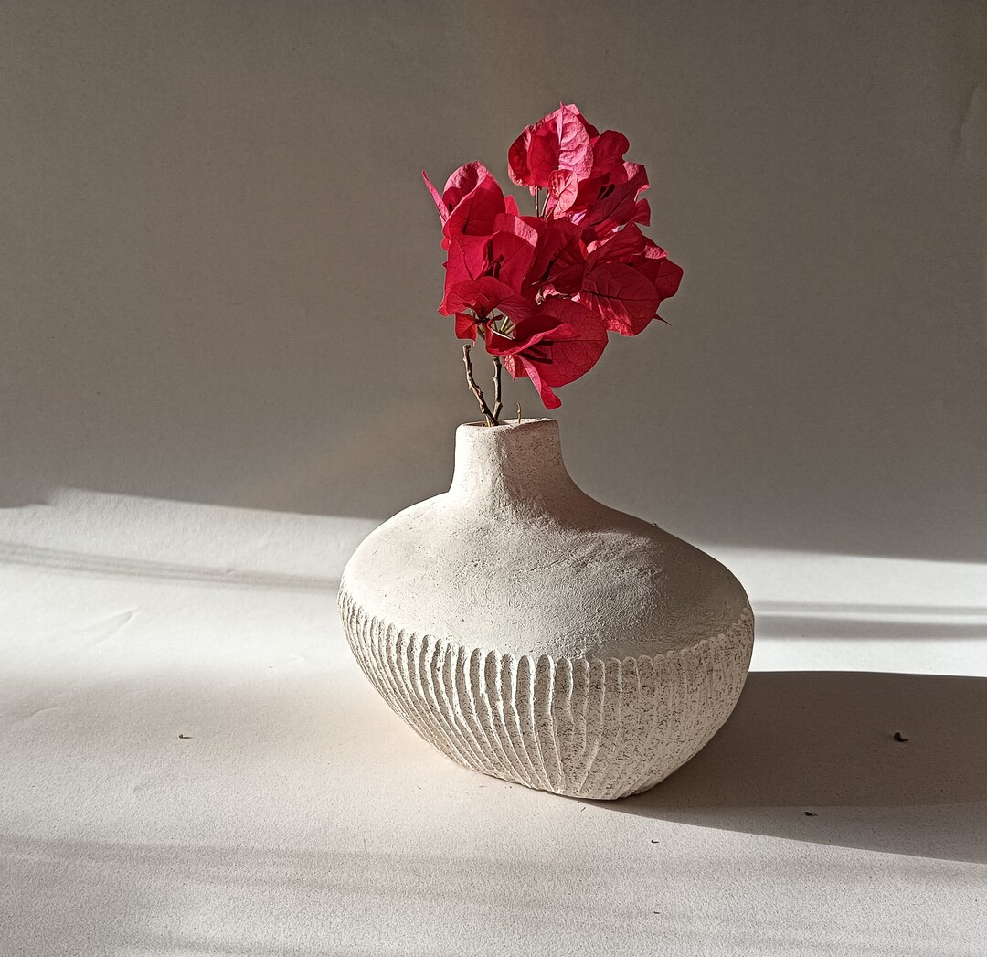Textured White Ceramic Vase, Relief Sculpture Vase, Home Decor, Handmade Rounded Vase, Unique