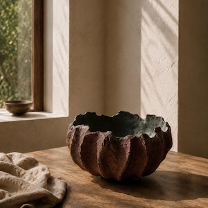 Puede incluir: Un cuenco redondo con un exterior de textura profunda en color marrón rojizo y un borde oscuro e irregular. El interior del cuenco presenta un acabado en contraste de color verde oscuro apagado. La superficie tiene una forma rugosa y orgánica.