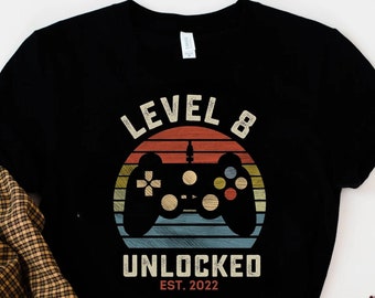 Level 8 Unlocked Gamer Birthday Shirt, 8th Birthday Gift for Boys & Girls, Video Game Party Tee, Kids Gaming T-Shirt, Level Unlocked Shirt
