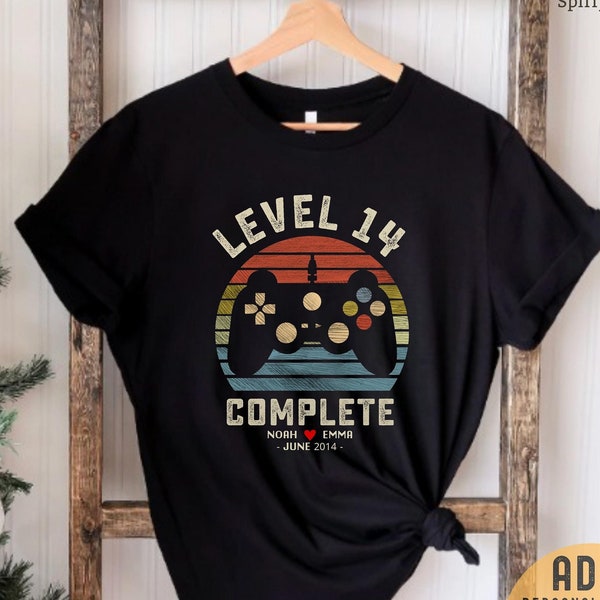 14th Wedding Anniversary Gift for Husband Wife Personalization Level 14 Complete, Anniversary Gift,Gamer Husband Gift,Retro Video Game Shirt