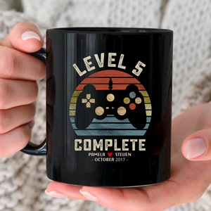 5th Wedding Anniversary Gift for Husband Wife, Personalization Level 5 Complete, 5 year Anniversary Gift for Gamer, Retro Video Game Mug