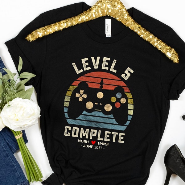 5th Wedding Anniversary Gift for Husband Wife Personalization Level 5 Complete, Anniversary Gift, Gamer Husband Gift, Retro Video Game Shirt