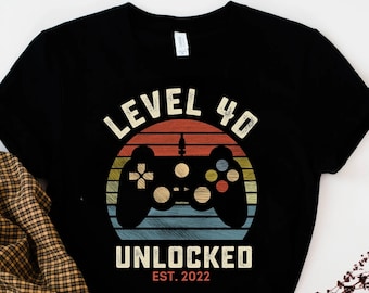 Level 40 Unlocked Gamer T-Shirt, 40th Birthday Gift, Gaming Birthday Tee for Men & Women, Retro Video Game Shirt, 40 Years Old Celebration